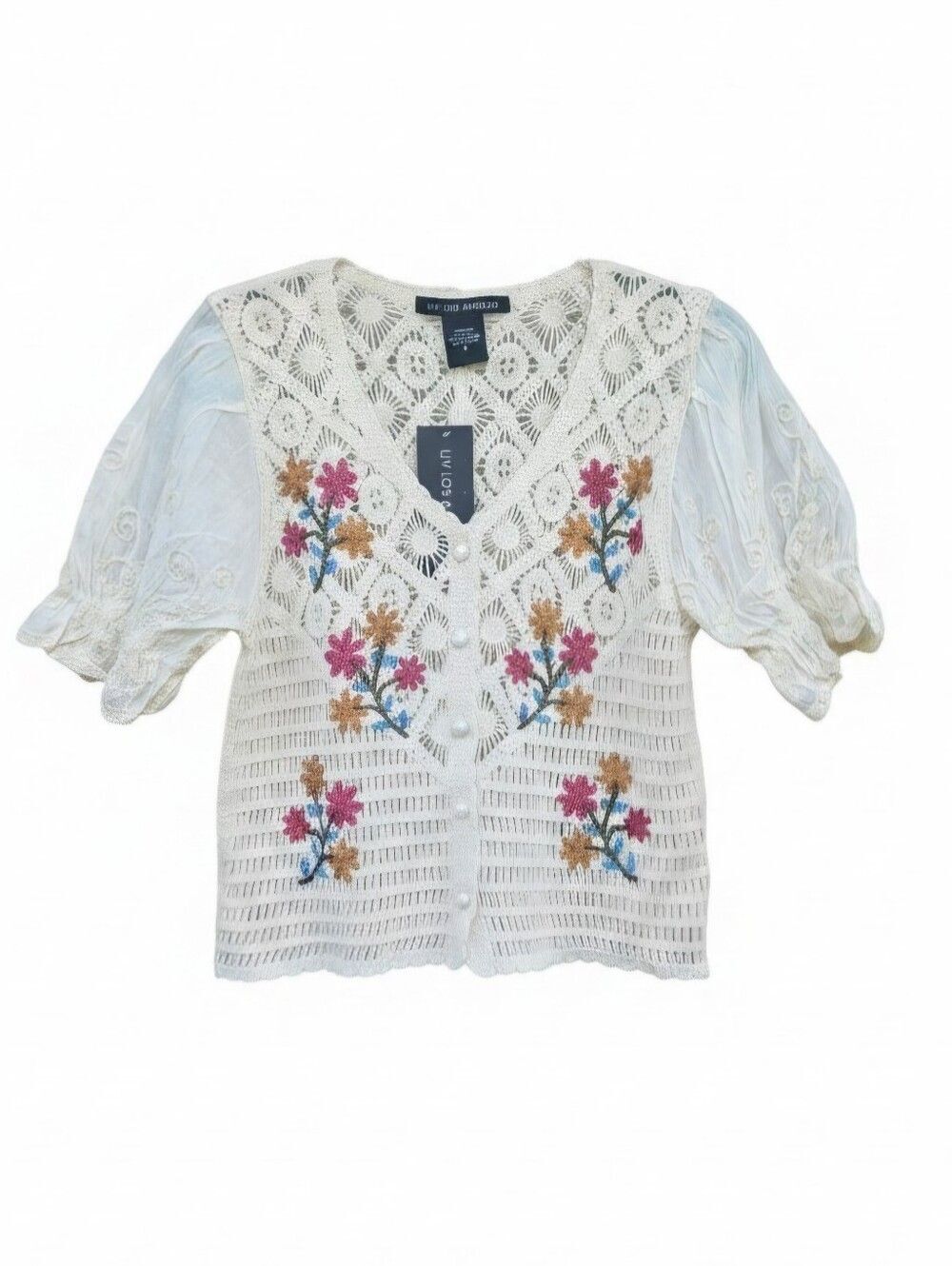 Liv Los Angeles Cream Crochet Blouse with Pink Blue & Gold Embroidery Sz Small
